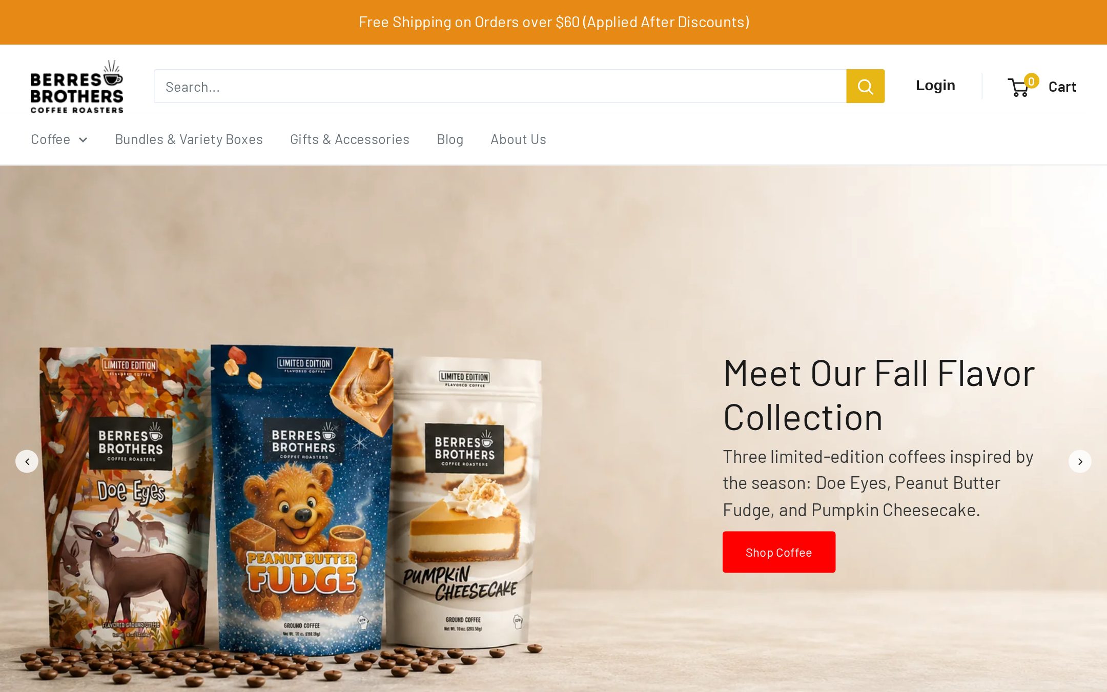 Berres Brothers Coffee Roasters online store homepage featuring flavored coffee blends