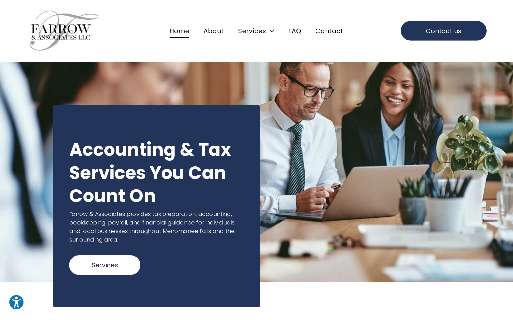 Farrow & Associates accounting firm homepage with tax and bookkeeping services