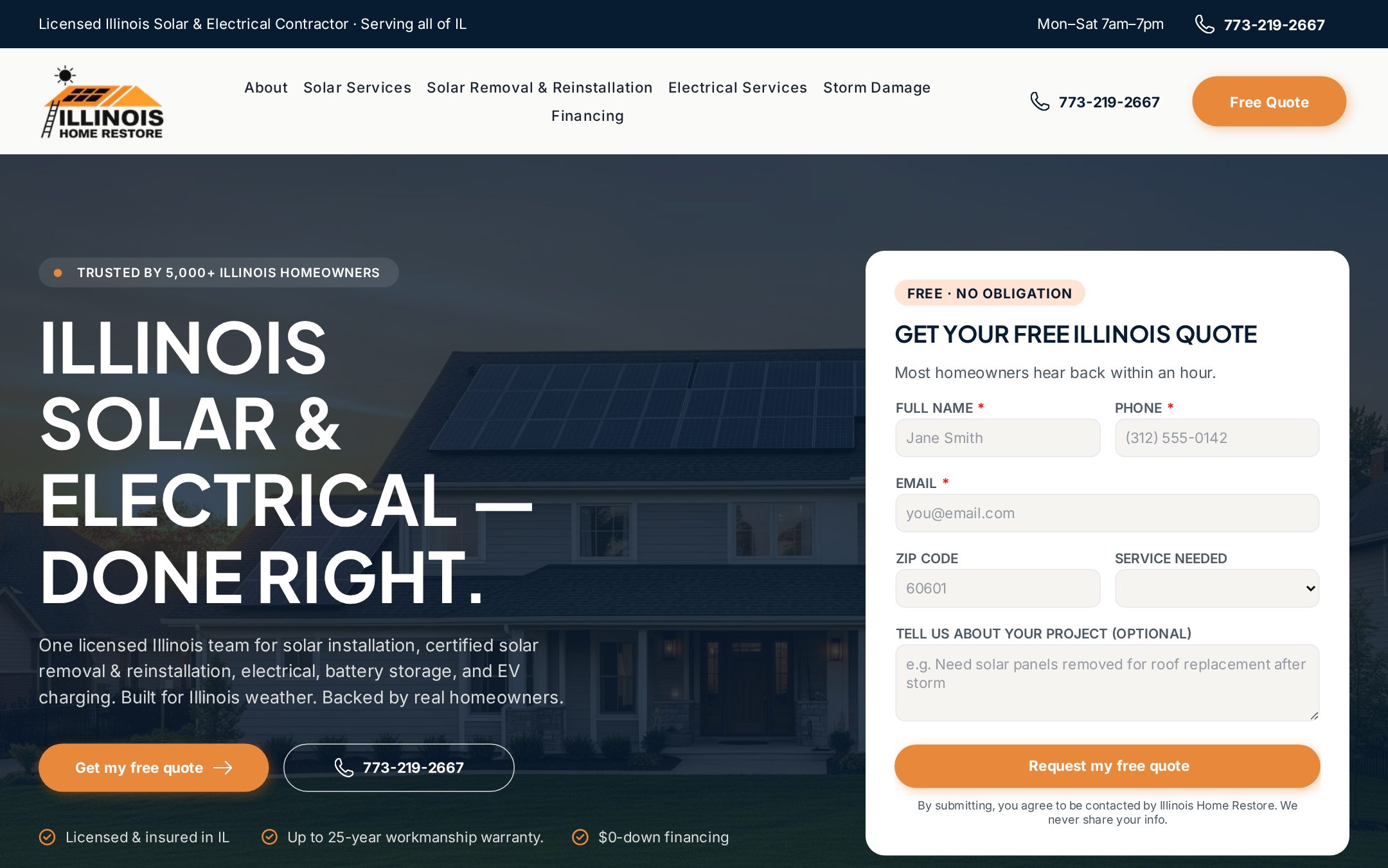 Illinois Home Restore homepage with solar and electrical services and a free quote form