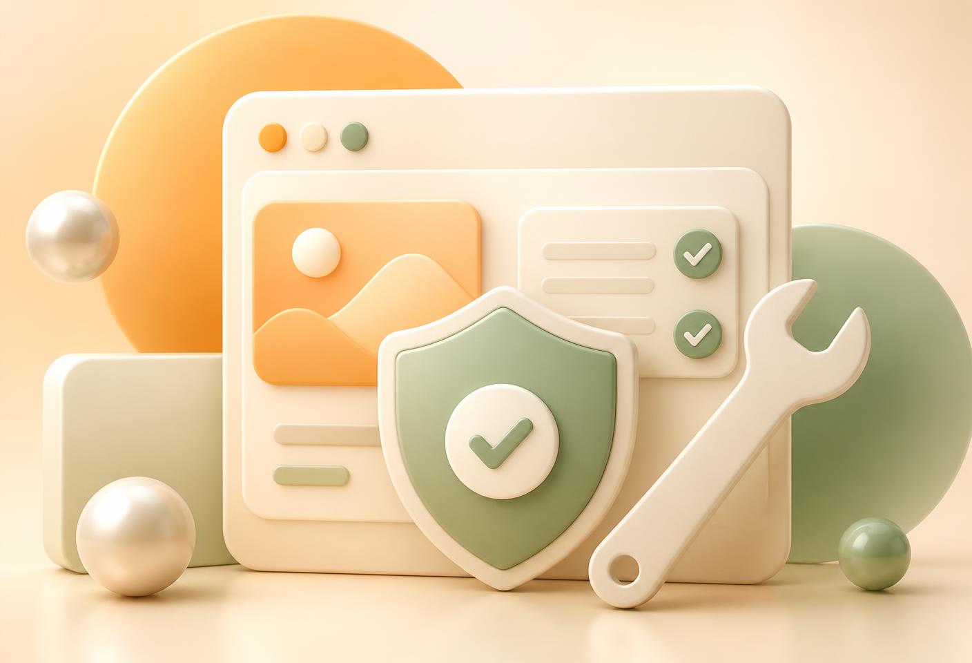 A website card with a protective shield, checkmarks and maintenance wrench