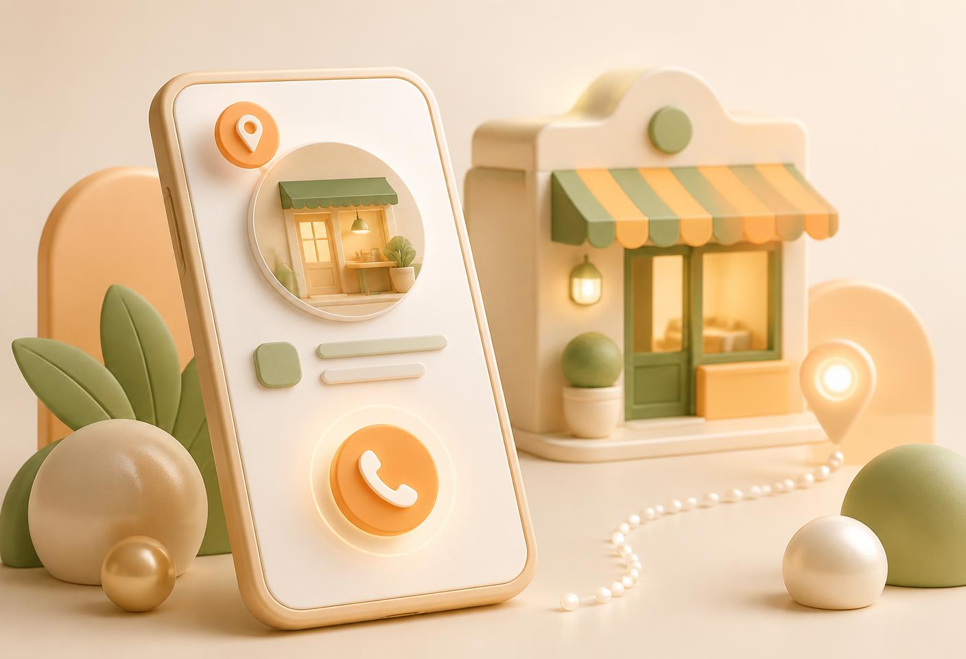 A phone showing a nearby business profile with a glowing call button