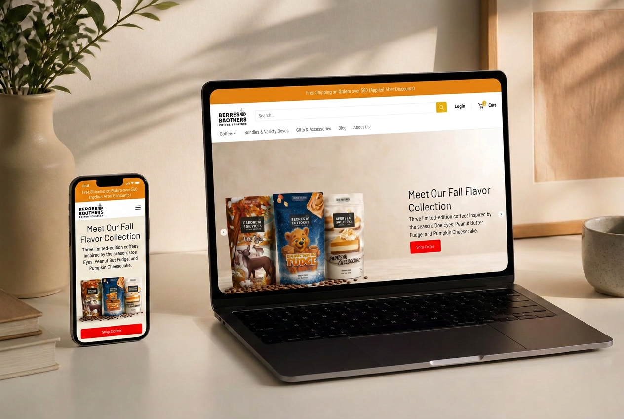 A custom website design shown on a laptop and phone on a bright desk