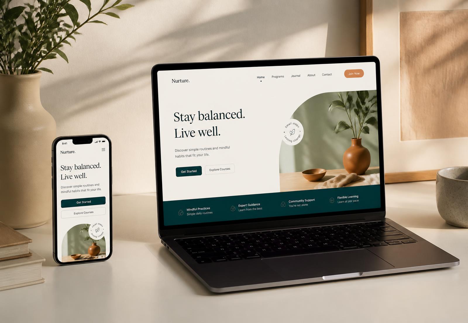 A custom website design shown on a laptop and phone on a bright desk