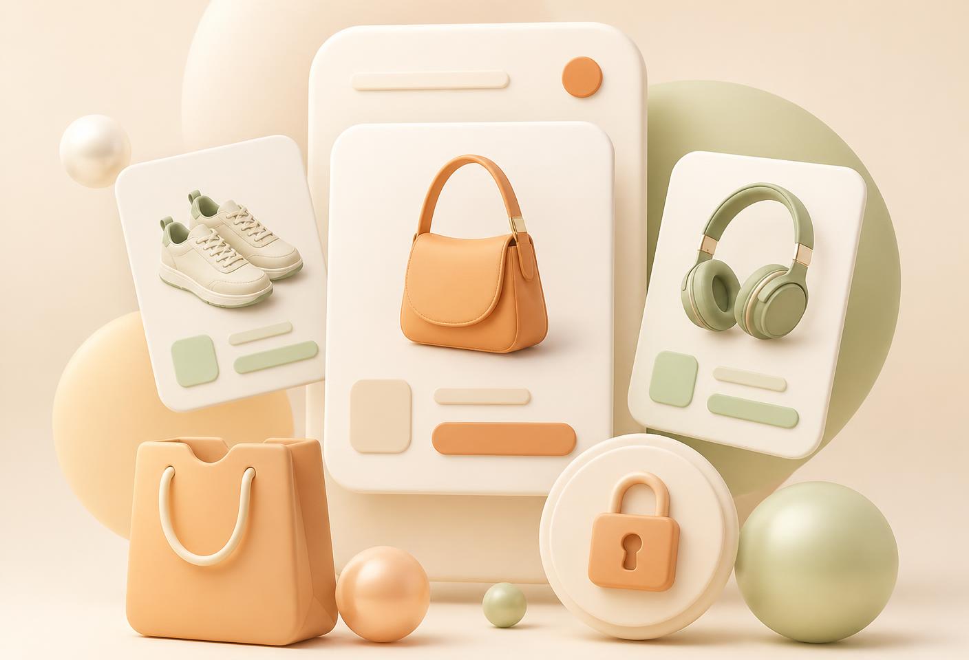 Abstract online store with product cards, shopping bag and secure checkout badge