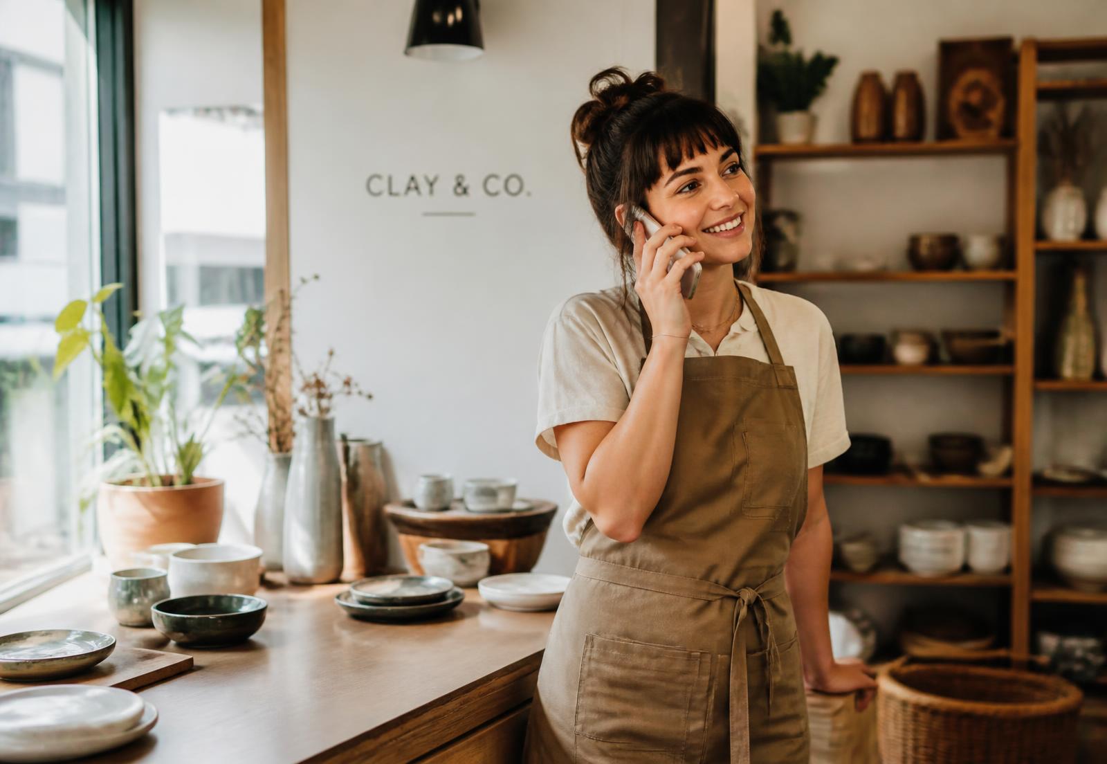 A local business owner taking a call from a new customer in her shop