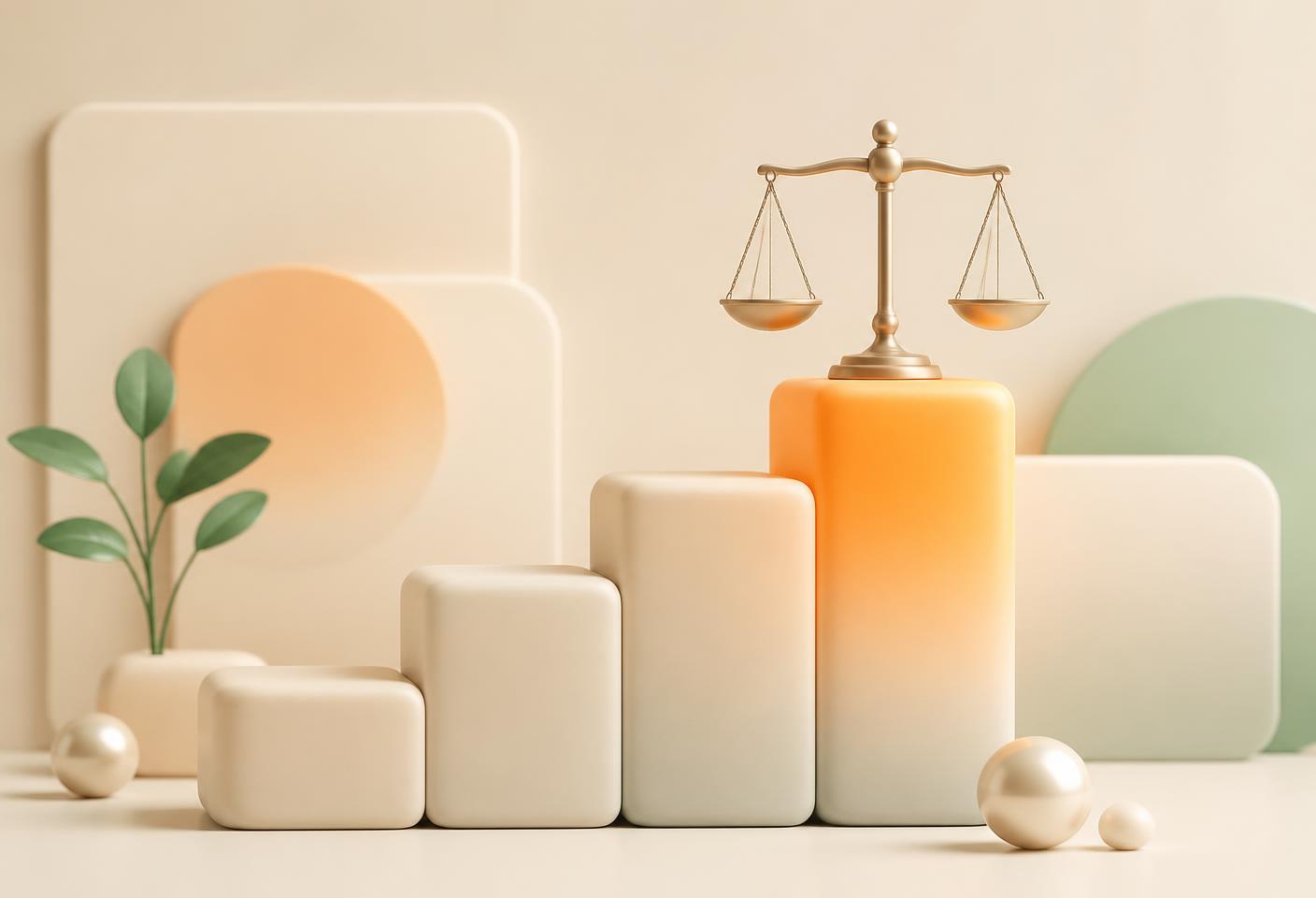 Rising step blocks with a balance scale representing pay-per-result SEO