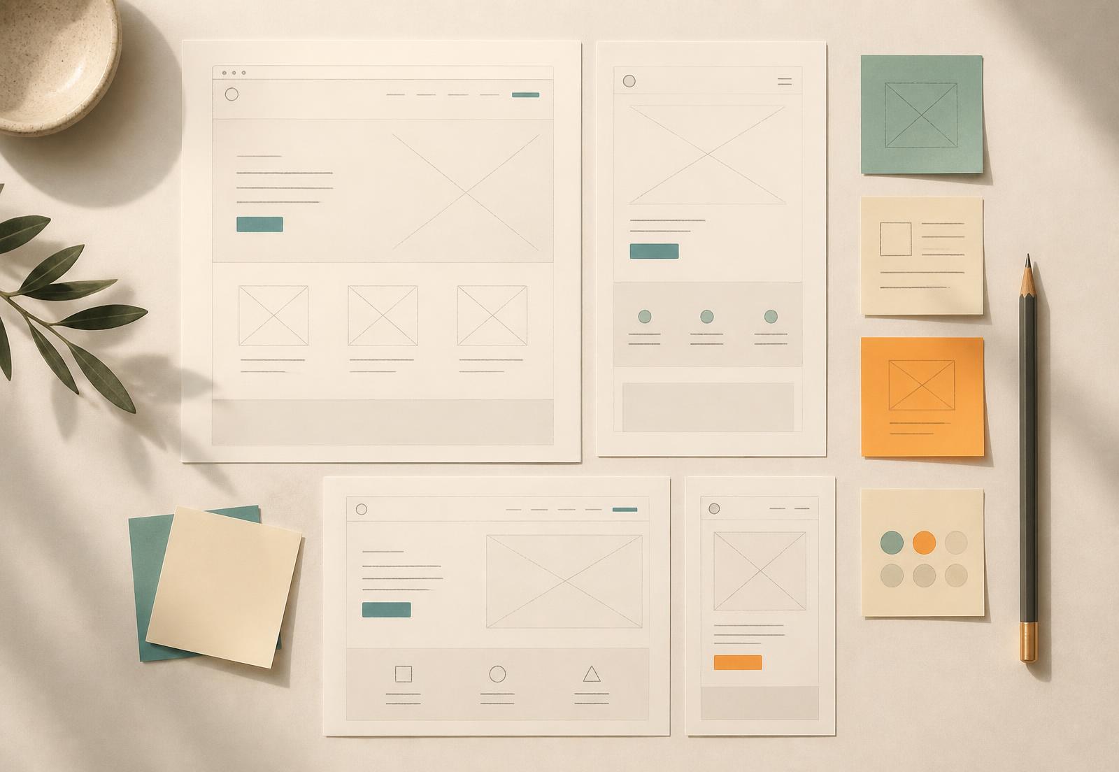 Website wireframe sketches and planning notes laid out on a desk