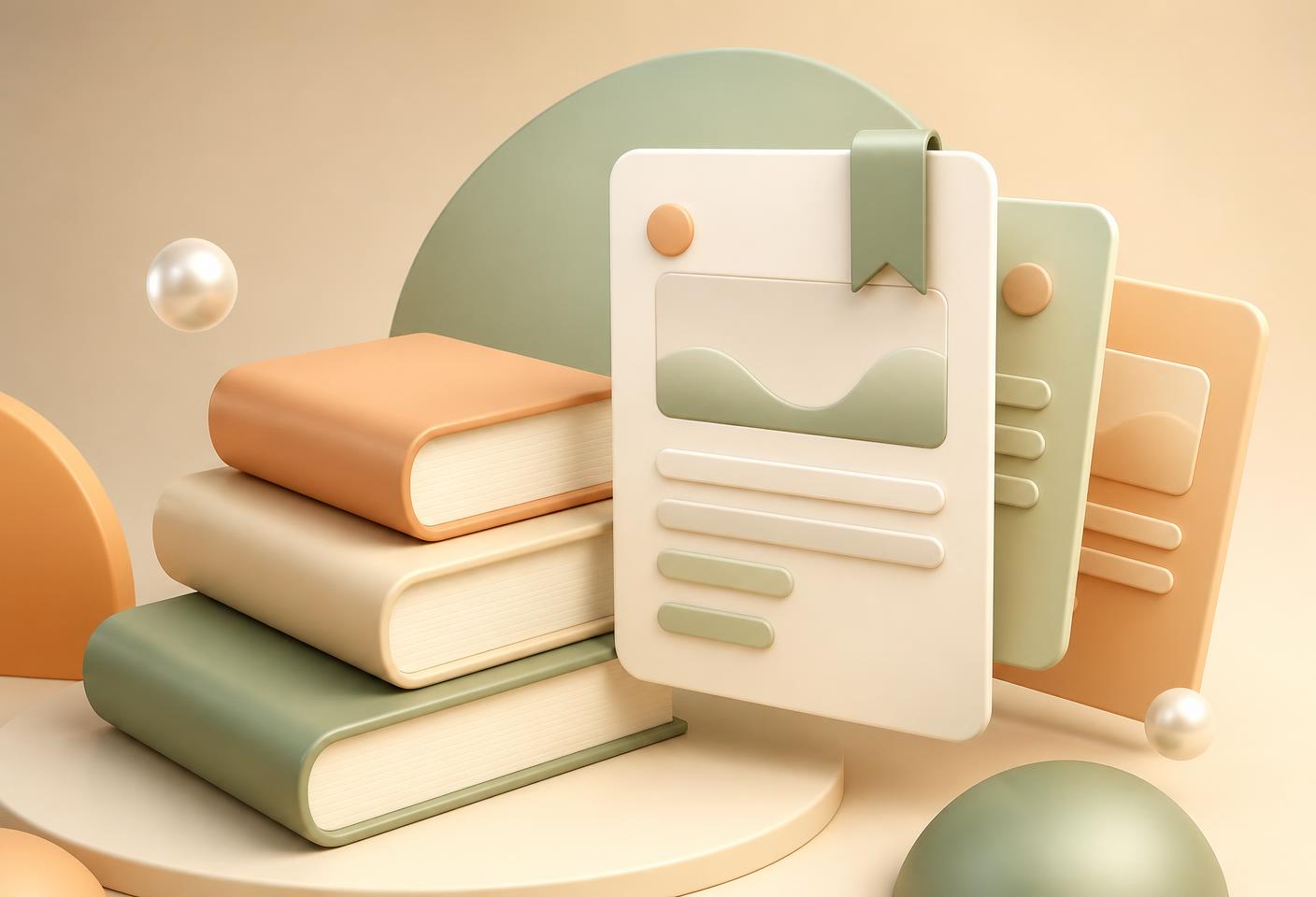 A stack of guide books beside floating article cards