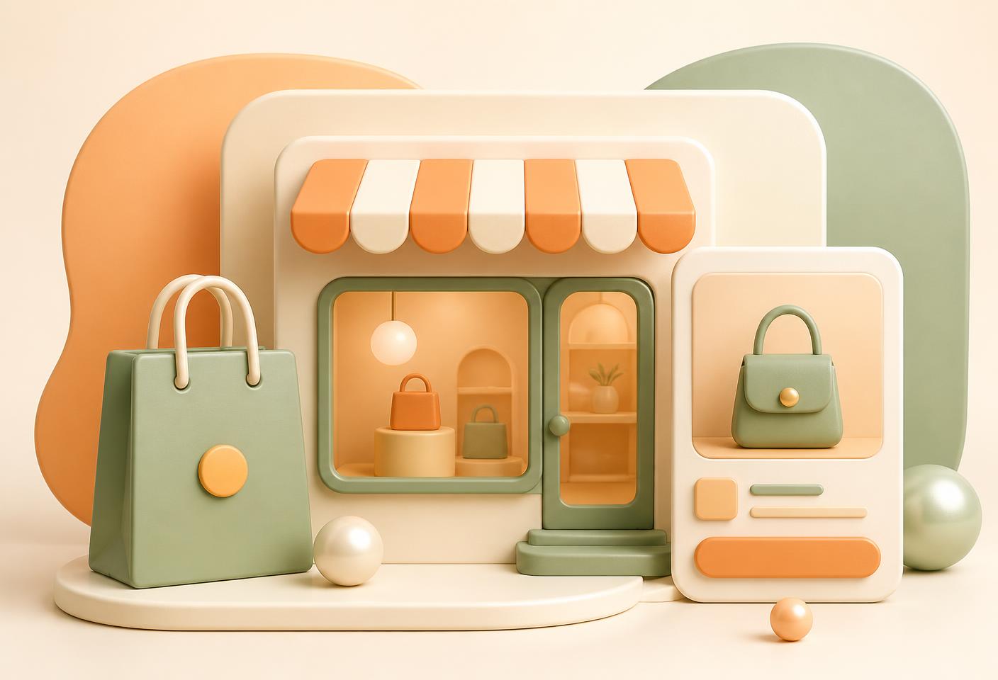 A small retail storefront beside a product listing screen and shopping bag