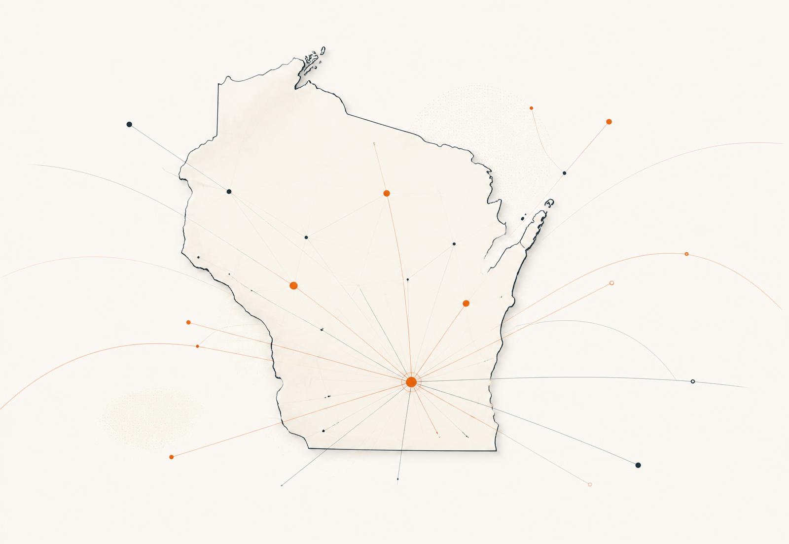 Abstract Wisconsin outline woven with website network lines