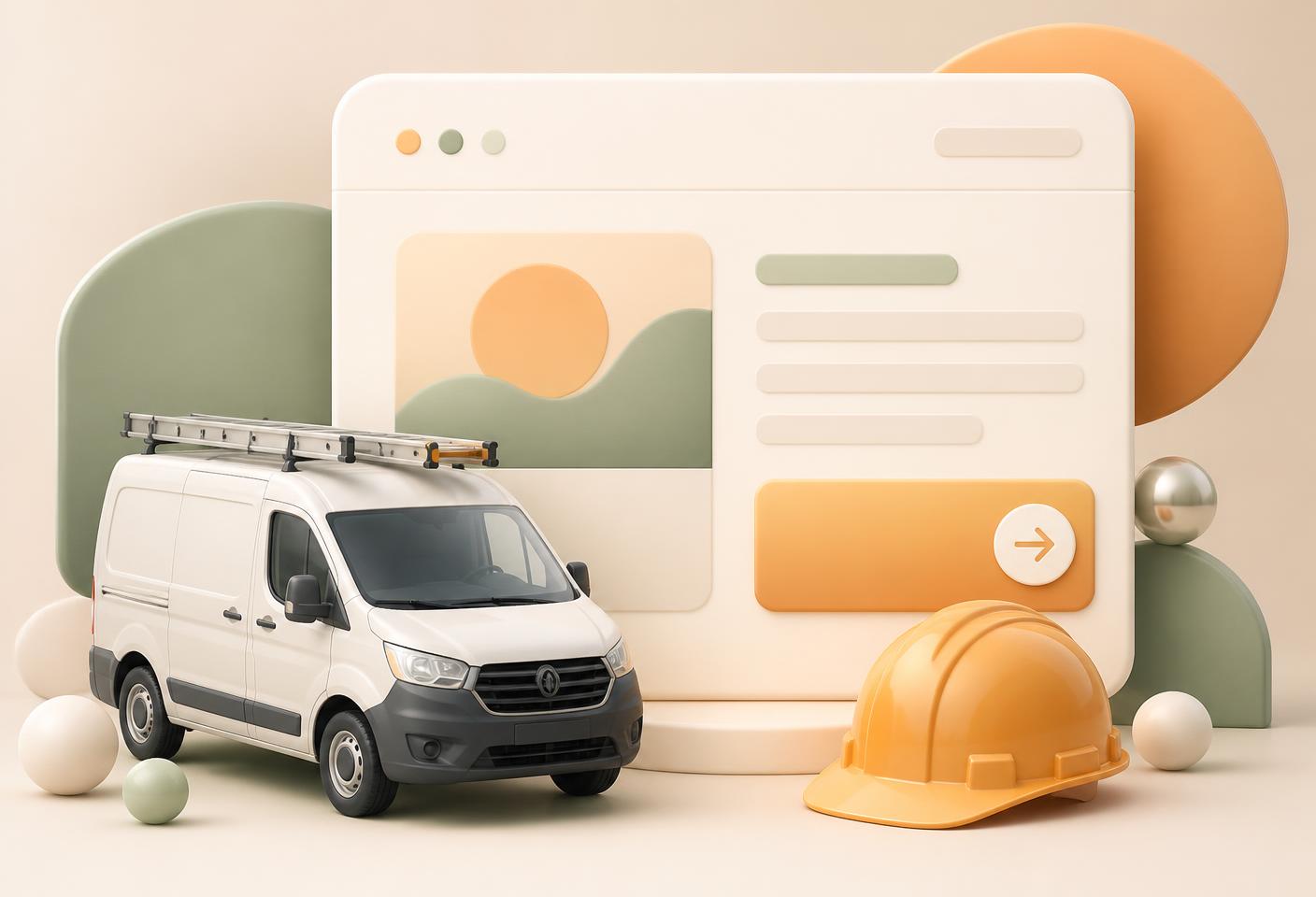 A contractor work van and hard hat beside a website with a quote request button