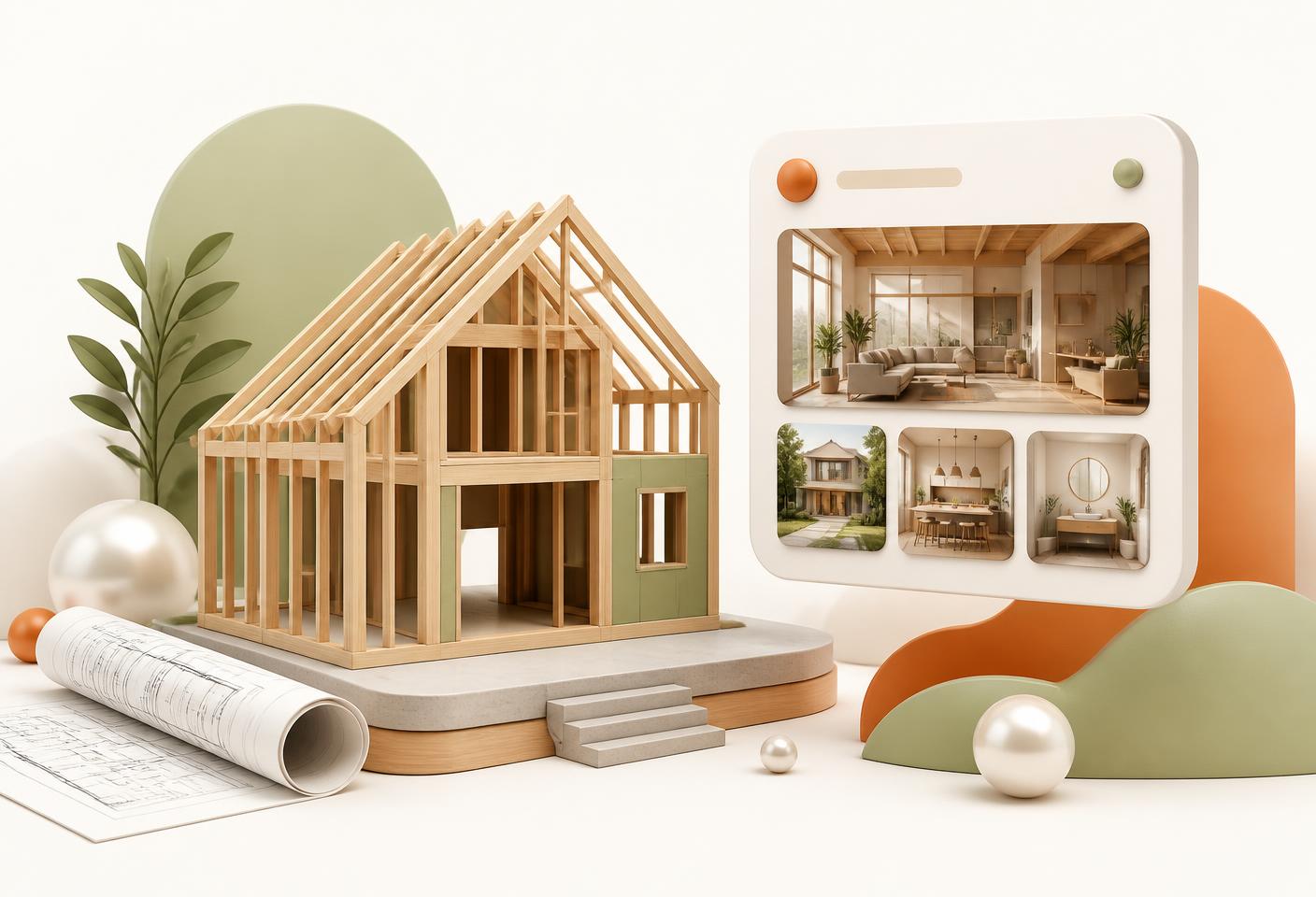 A framed house under construction and blueprints beside a project gallery screen