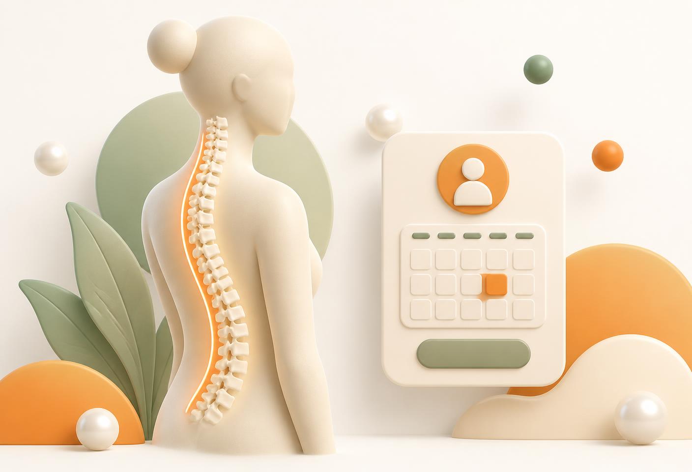 A chiropractic spine and posture illustration beside an appointment booking card