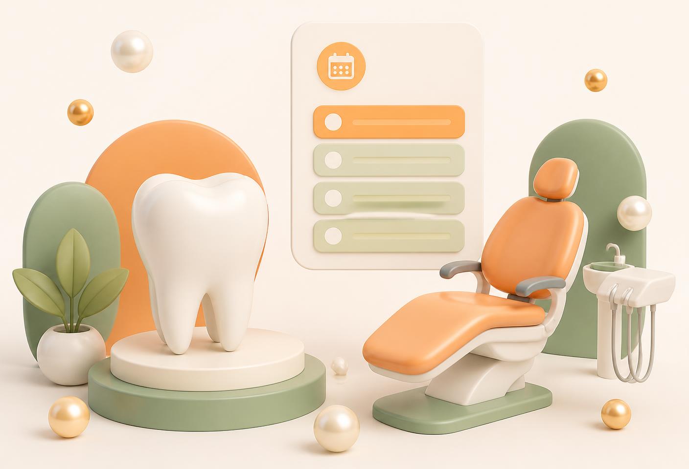 A tooth and dental chair beside an online appointment booking screen