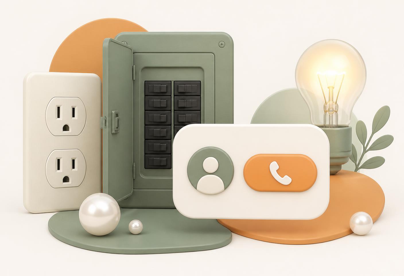 An outlet, breaker panel and lit bulb beside a service call card