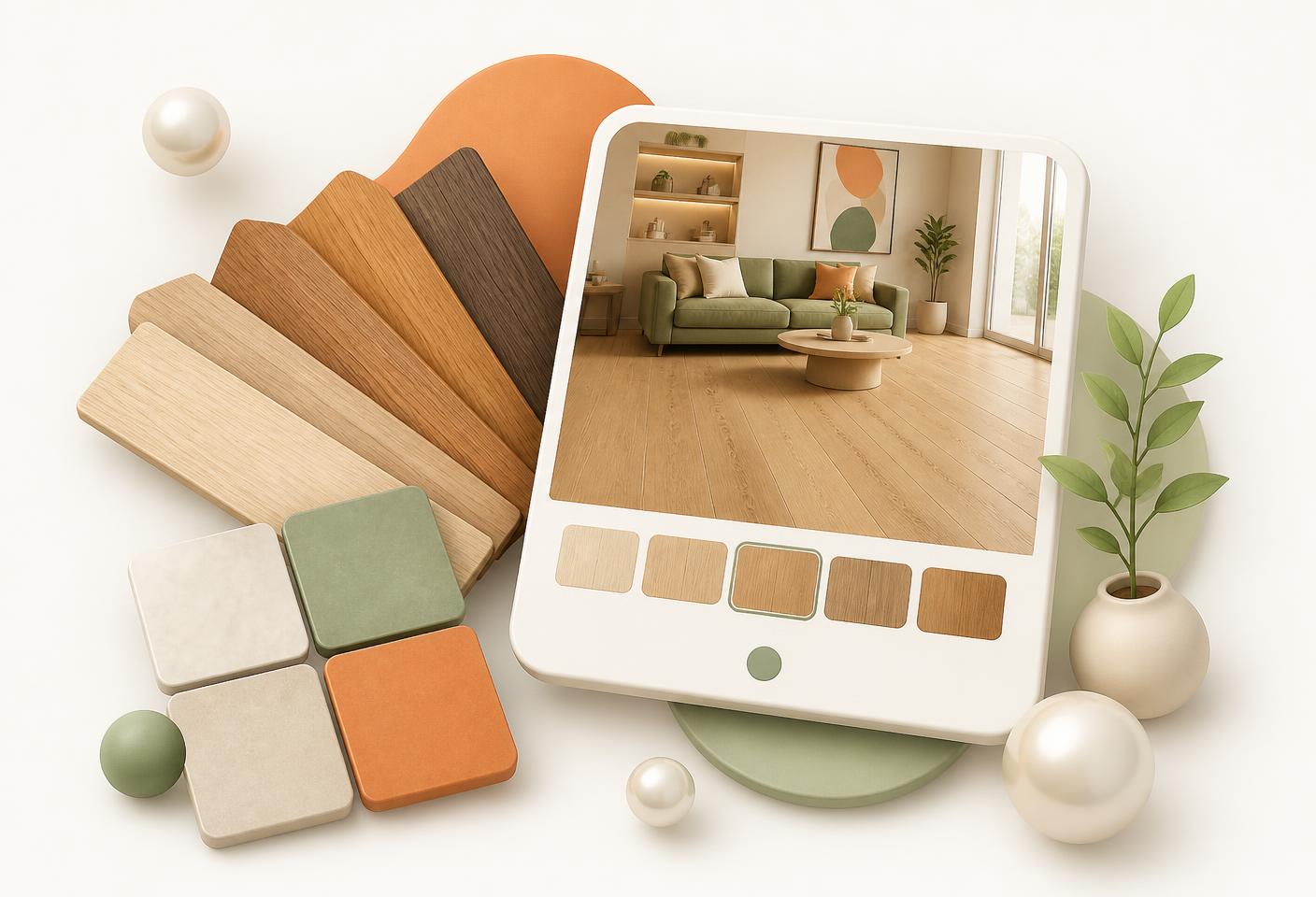 Wood plank and tile flooring samples beside a room floor visualizer screen