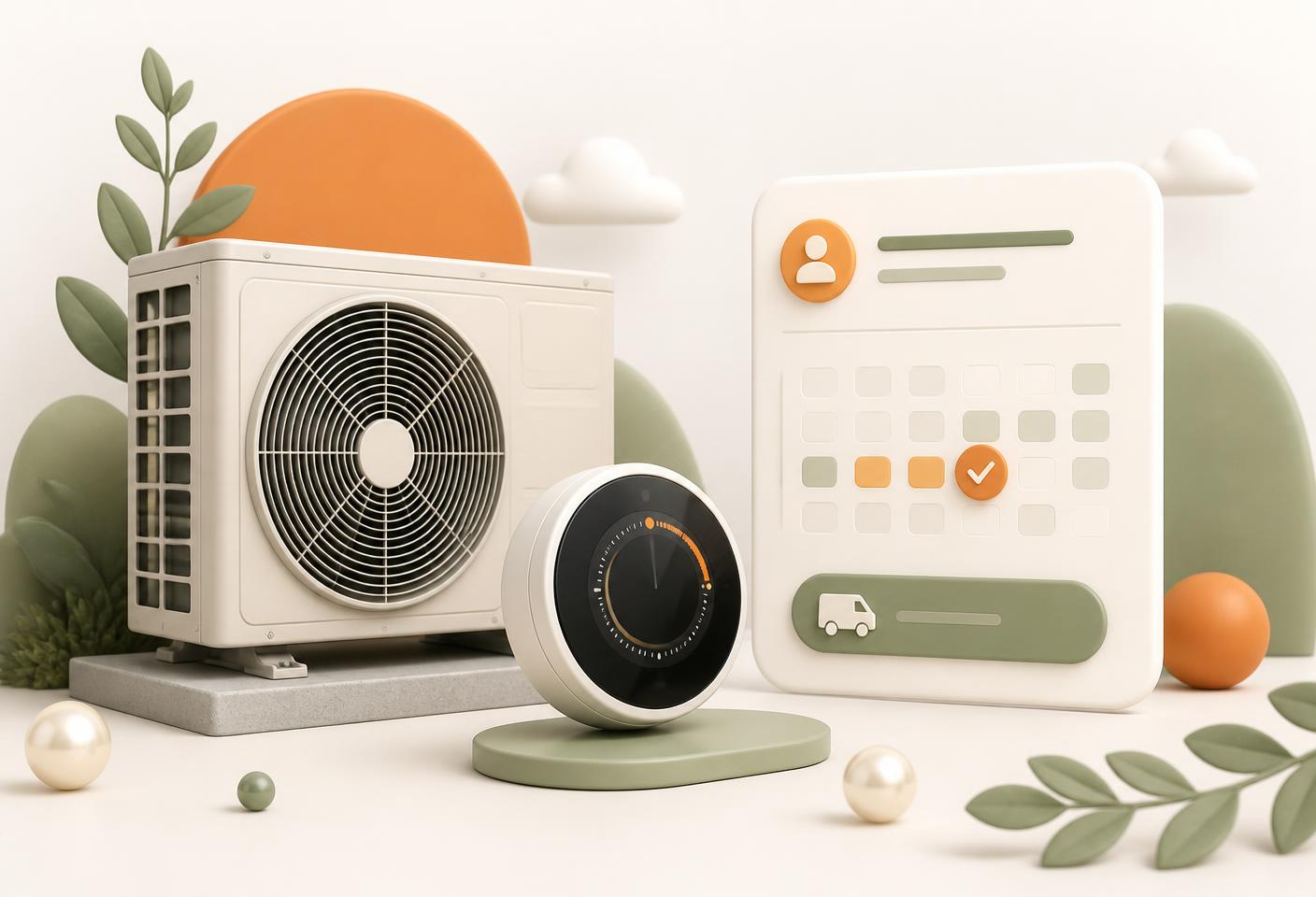 An air conditioning unit and thermostat beside a service scheduling card