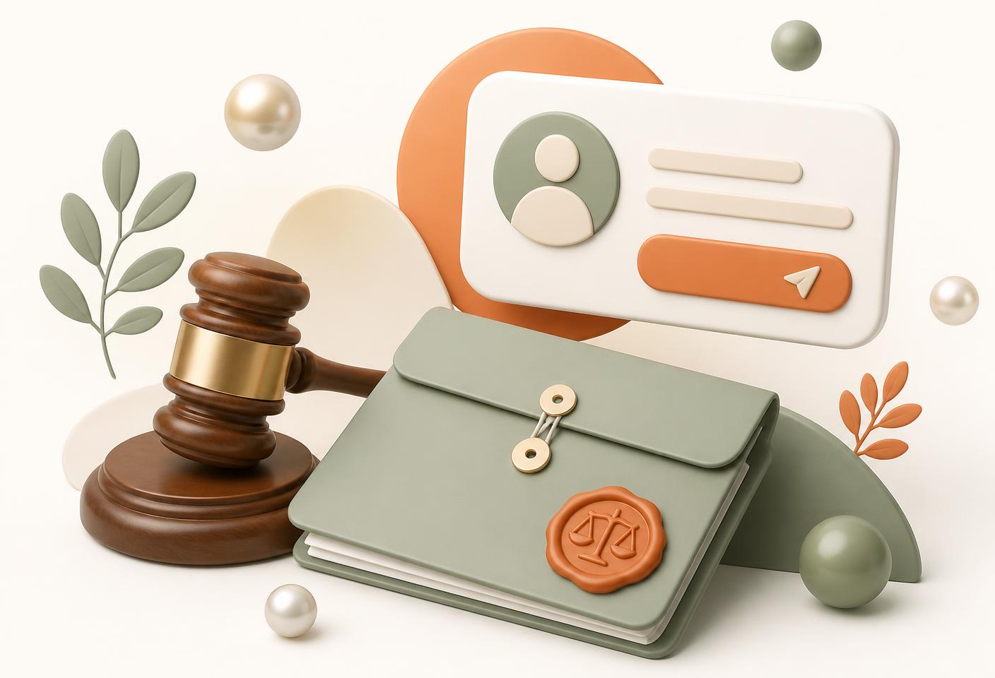 A gavel and sealed legal file beside a consultation request card