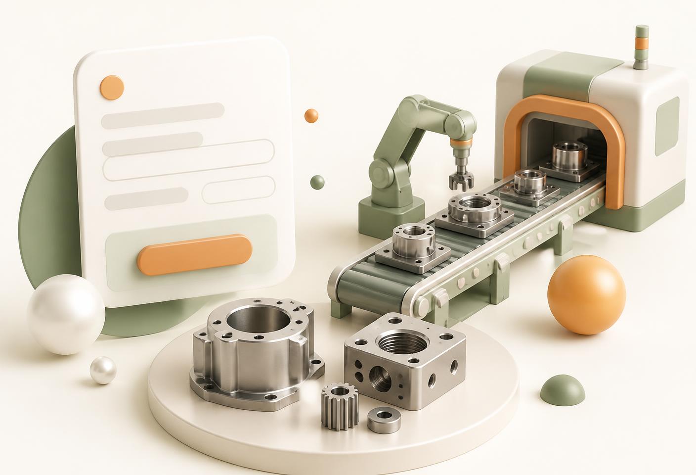 Machined metal parts on a production line beside a request-for-quote card