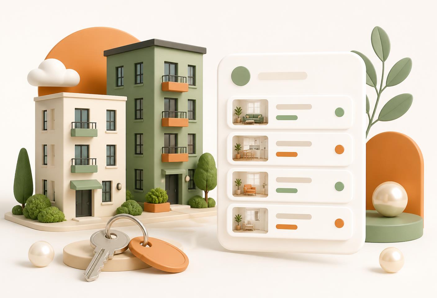 Apartment buildings and keys beside a tenant portal listing units