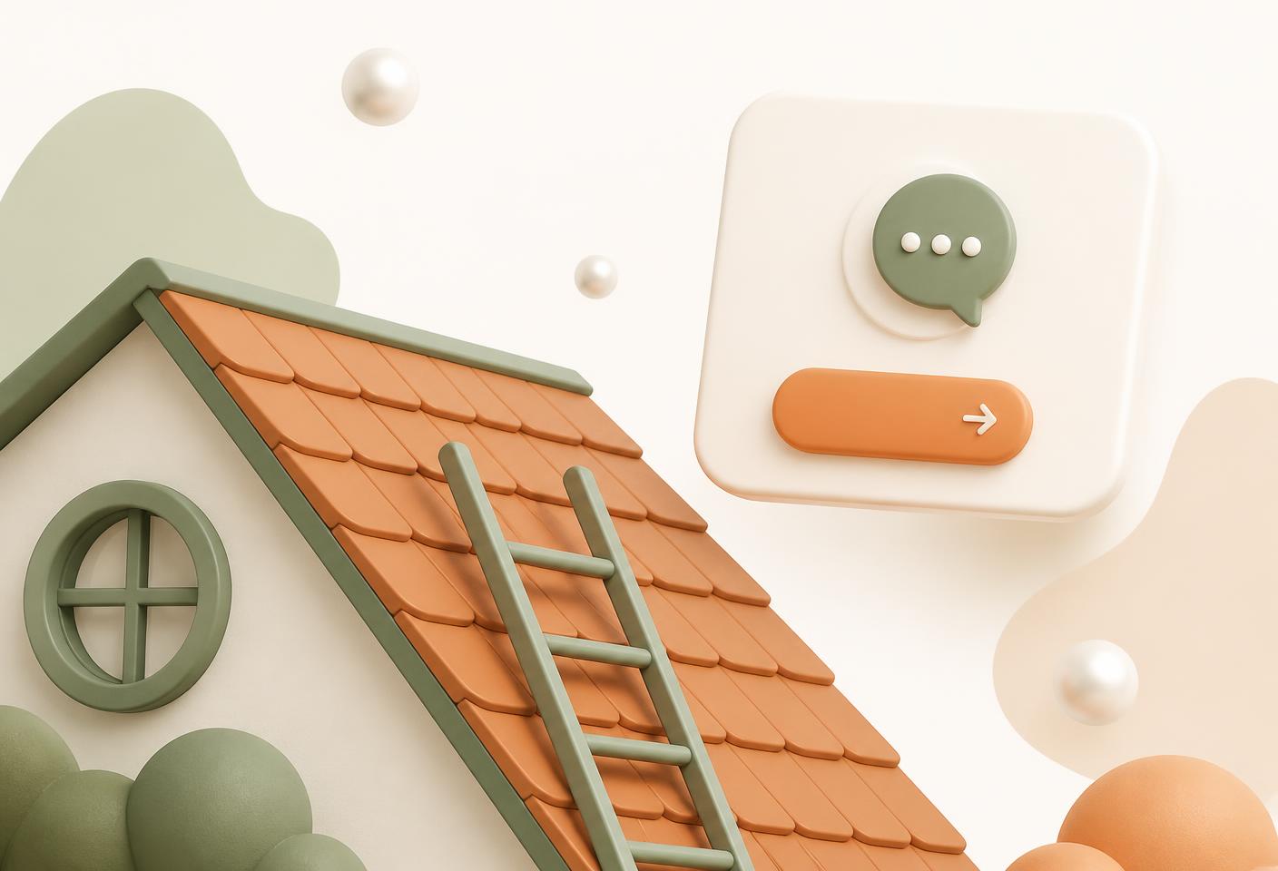 A shingled roof with a ladder beside a roofing quote request card