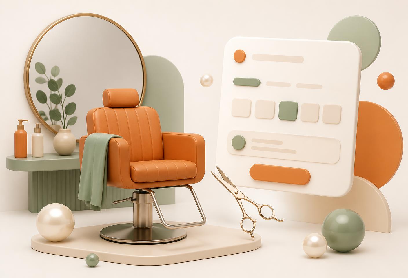 A salon styling chair, mirror and shears beside an online booking screen