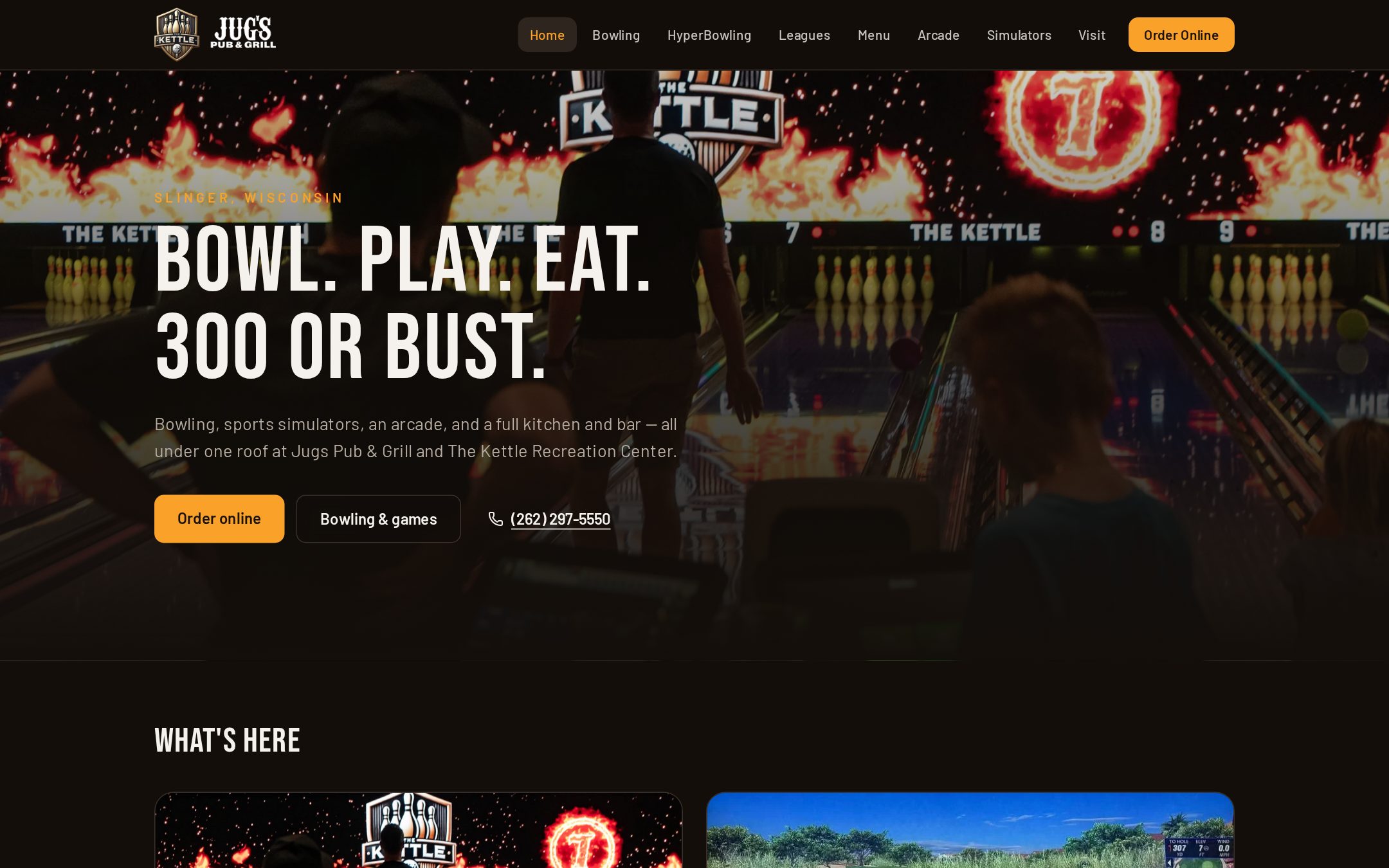 Homepage of Jugs Pub & Grill showing the bowling and entertainment hero section