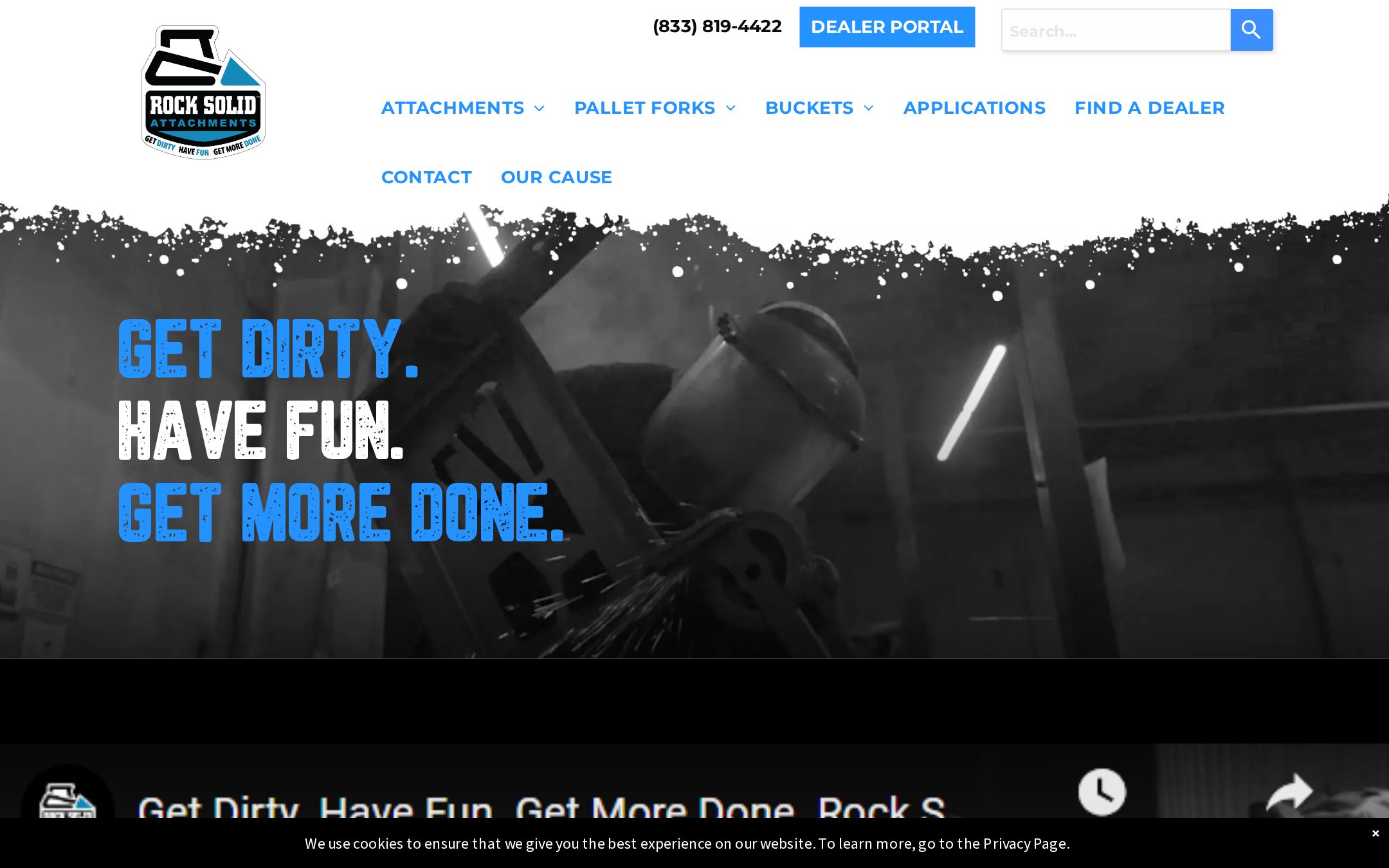 Rock Solid Attachments homepage with the Get Dirty. Have Fun. Get More Done. headline