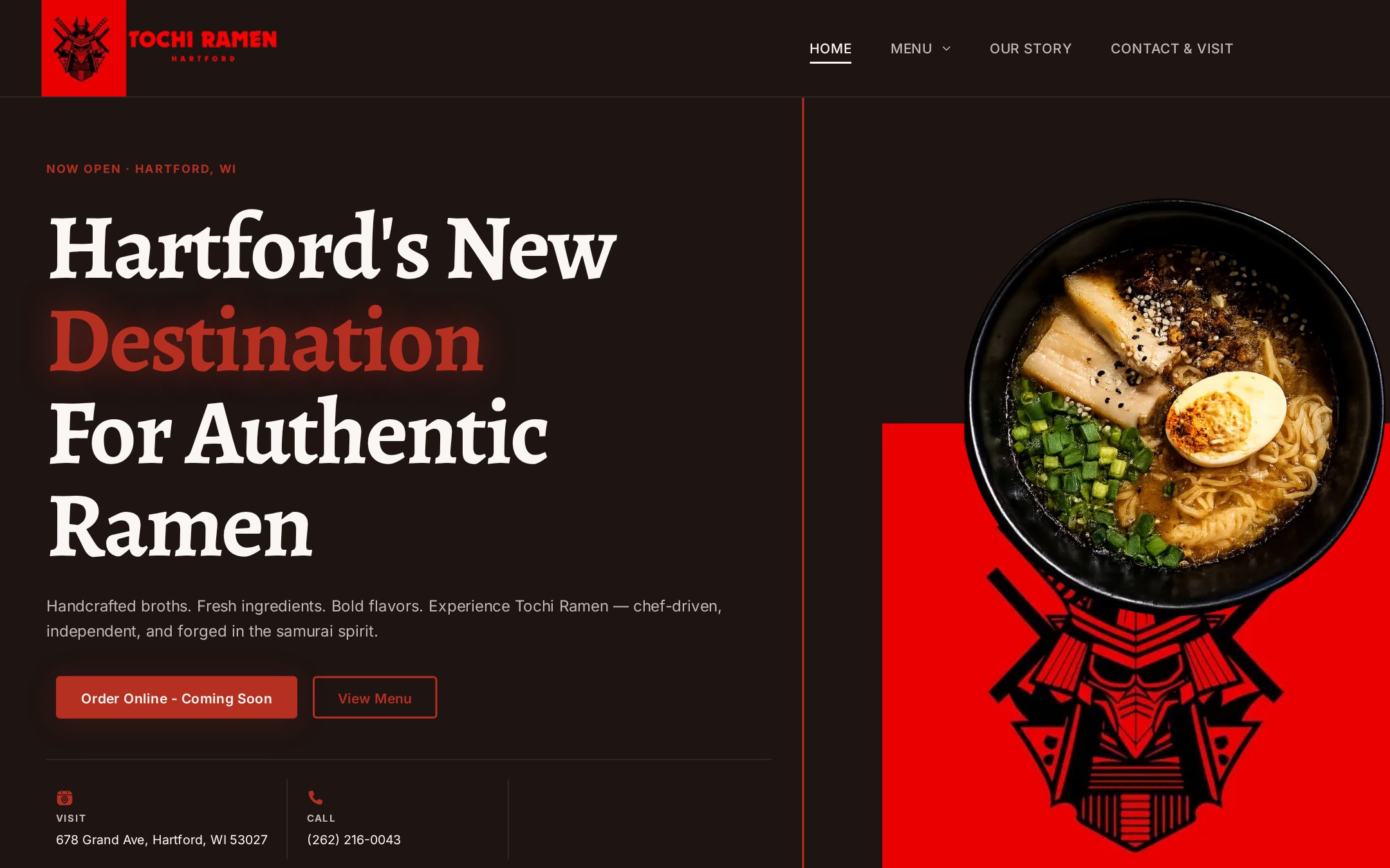 Tochi Ramen homepage in Hartford, Wisconsin with a featured ramen bowl